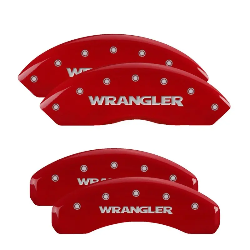 Mgp 4 Caliper Covers Engraved Front & Rear 2018 Jeep Wrangler Red Finish Silver Wrangler Logo 1