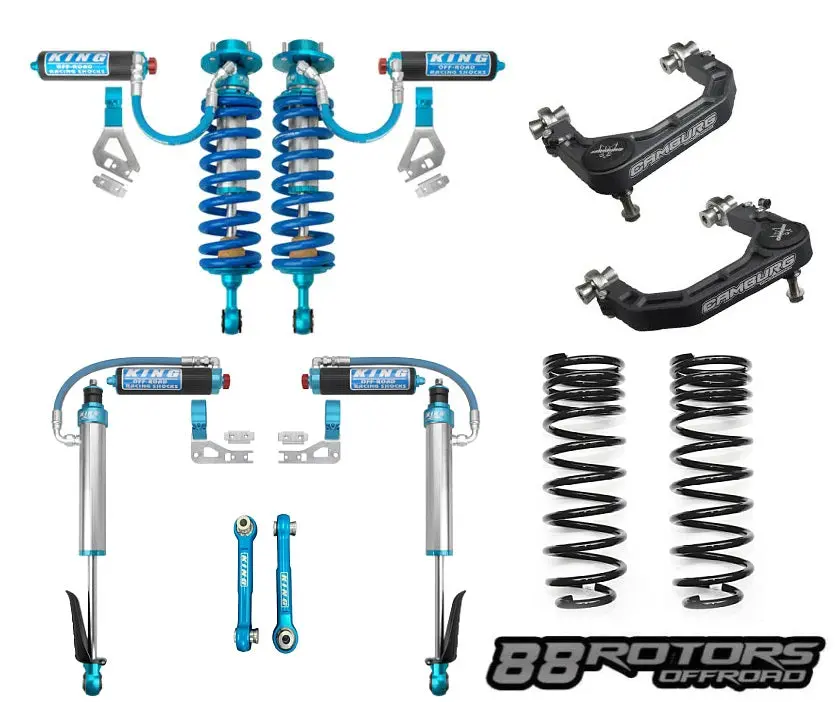 Premium King 2.5 coilover shocks for 2023–2024 Toyota Sequoia—featuring rebound and compression adjustability, optional heavy-duty end links, and upgraded upper control arms for enhanced off-road performance and ride quality