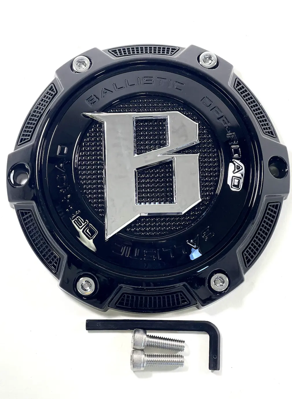 Ballistic Off-Road Gloss Black / Chrome Logo Wheel Center Cap (4 Caps) Cap Or_Vd + Bolts 1